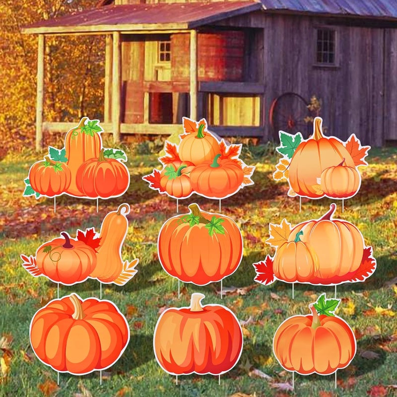 PhyLence 9-Pack Pumpkin Yard Signs with Stakes - 9 Assorted Designs 12 x 9.6 Inches Large Pumpkin Signs for Outdoor Garden and Lawn Decorations for Fall Autumn, Halloween, and Thanksgiving Harvest Party Favor - Image 5